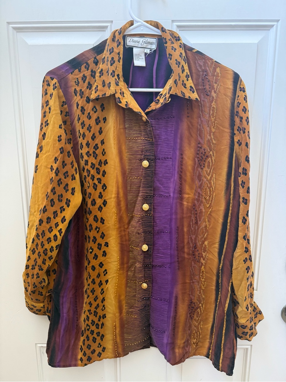 Vintage Diane Gilman Silk Mustard & Purple Cheetah Print Button-Front Blouse